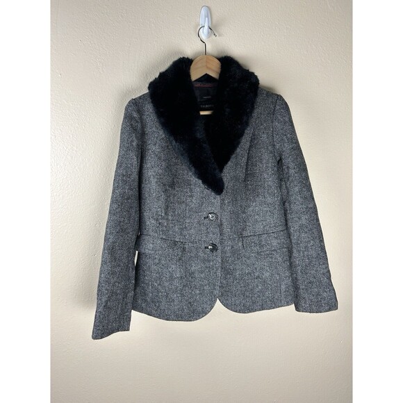 Talbots Aberdeen 4 Blazer Jacket Fur Collar Herringbone Button Career Wool Blend - Picture 1 of 3
